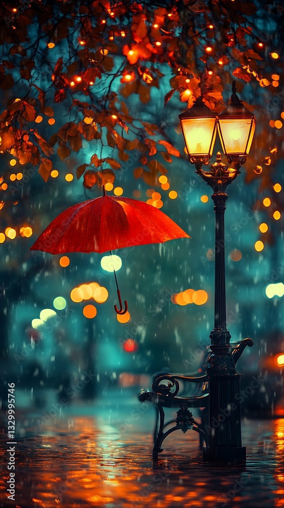 Obraz premium Street lamp and red umbrella in rain at night