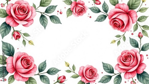 Intricate watercolor roses & leaves, repeating floral design, summer, leaves, purple