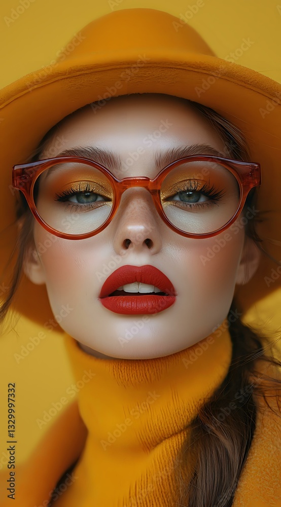 Young woman in yellow turtleneck and hat wearing red round glasses, with bright red lipstick and yellow eyeshadow makeup against yellow background, close-up beauty portrait. Young woman in yellow turtleneck and hat wearing red round glasses, with bright red lipstick and yellow eyeshadow makeup against yellow background, close-up beauty portrait.