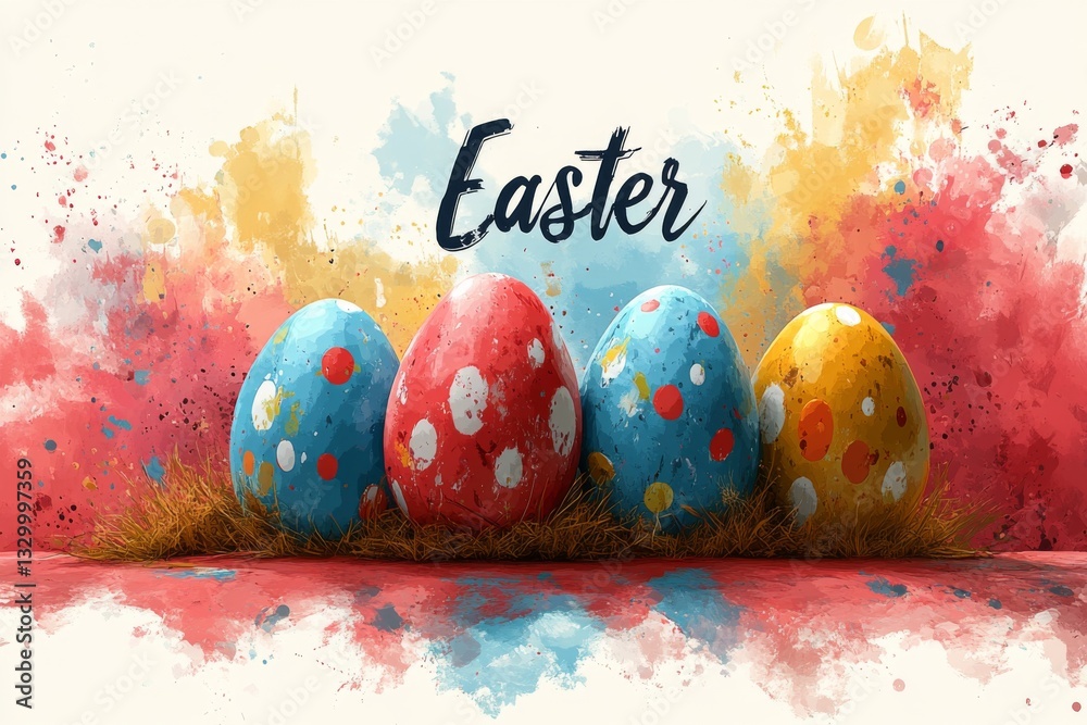 Bright Painted Easter Eggs And Brushstrokes