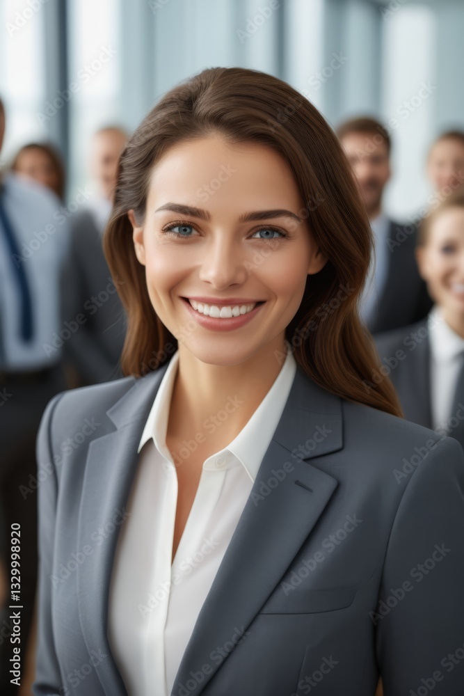 smiling business woman in front of a group of business people smiling business woman in front of a group of business people