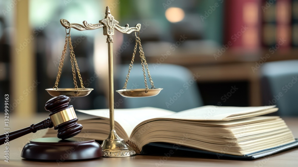 Justice scales, gavel, law book, office background, legal concept Justice scales, gavel, law book, office background, legal concept