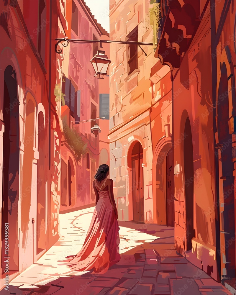 Naklejka premium Sunlit Passage: Woman in Flowing Dress on Historic European Street