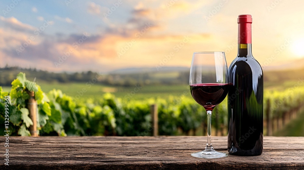 Fototapeta premium Wine Glass and Bottle with Scenic Vineyard Landscape at Sunset