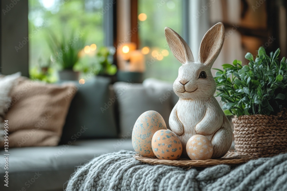 Easter Bunny Figurine With Eggs On Cozy Blanket