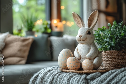 Obraz na płótnie Easter Bunny Figurine With Eggs On Cozy Blanket w salonie