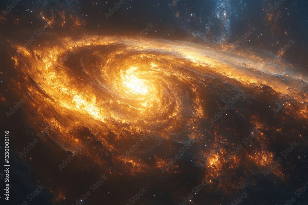Radiant Golden Galactic Core With Swirling Fiery Arms