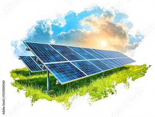 Solar Panels on Green Grass Under Bright Blue Sky and Clouds