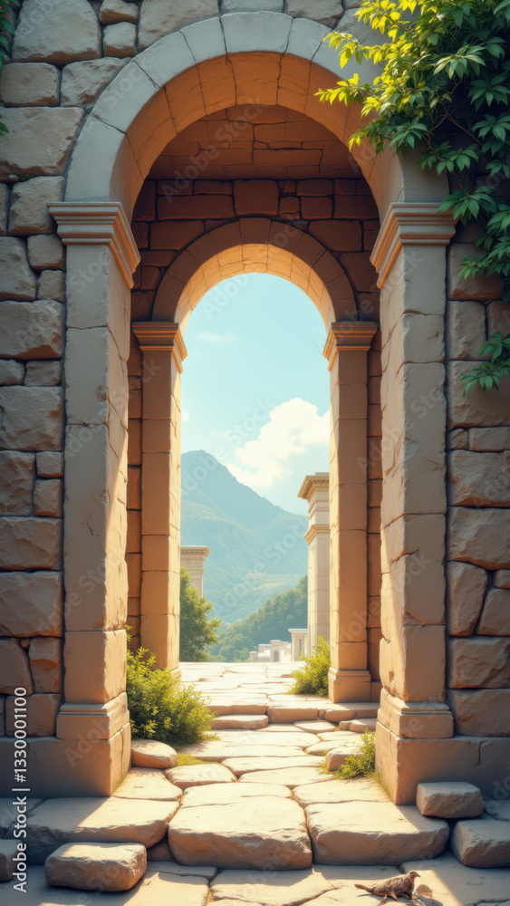 Obraz premium Ancient Christian church archway with mountains in background.