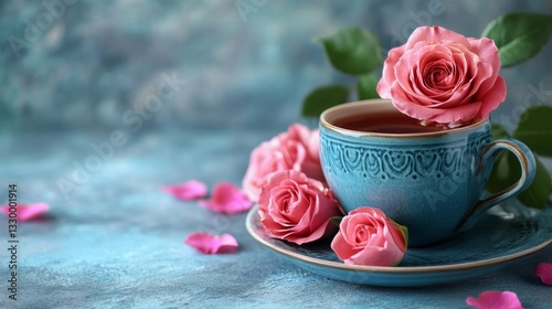 A Blue Teacup Roses And Petals Romantic Tea