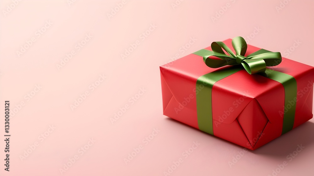 A red box with a green ribbon sits on a green background A red box with a green ribbon sits on a green background