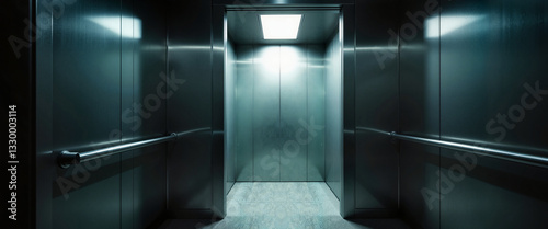 Eerie elevator doors slightly open revealing void inside, anxiety photo