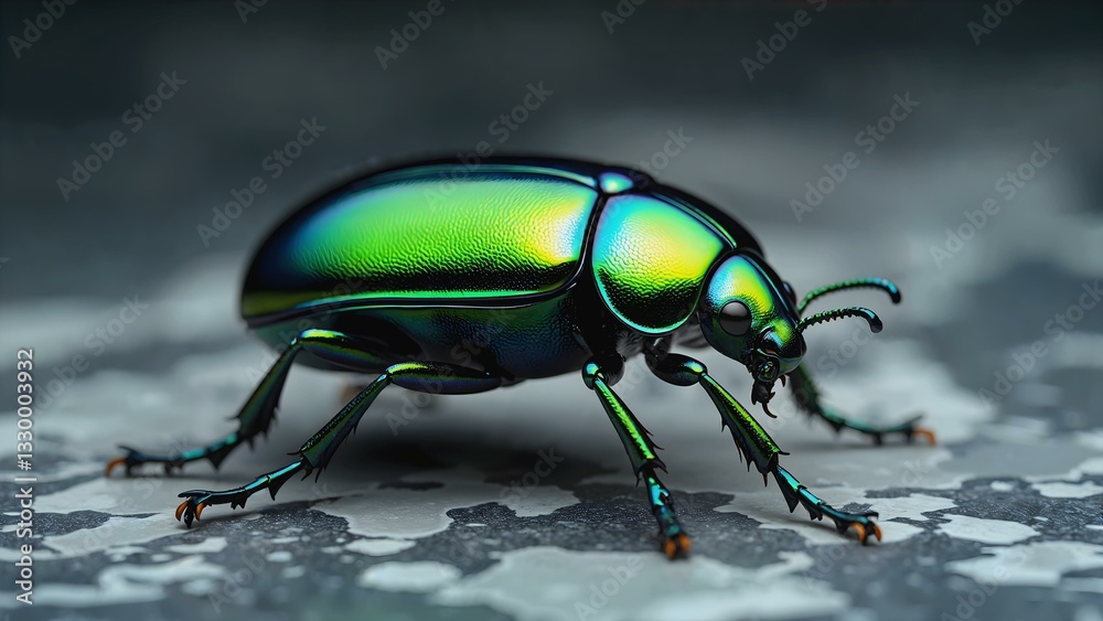 Naklejka premium Bright green beetle with iridescent texture on a polished marble slab