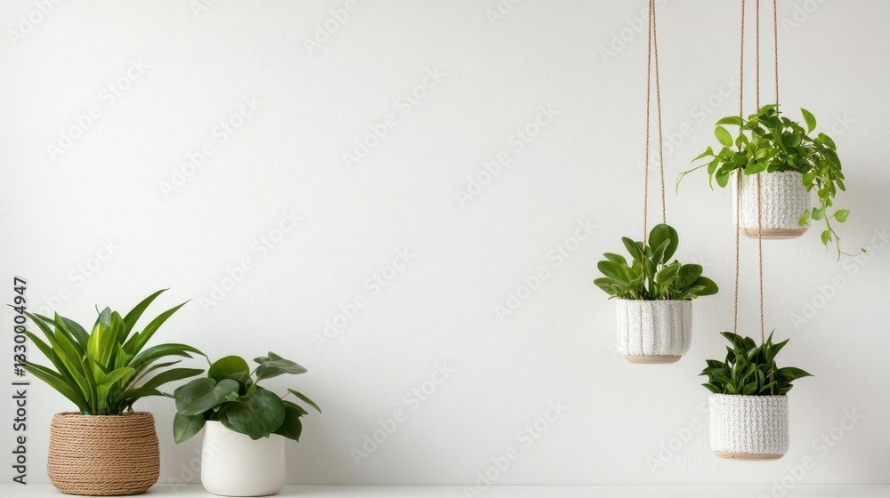 Fototapeta premium Tiered macrame plant hangers in neutral tones, relaxing indoor jungle, peaceful atmosphere