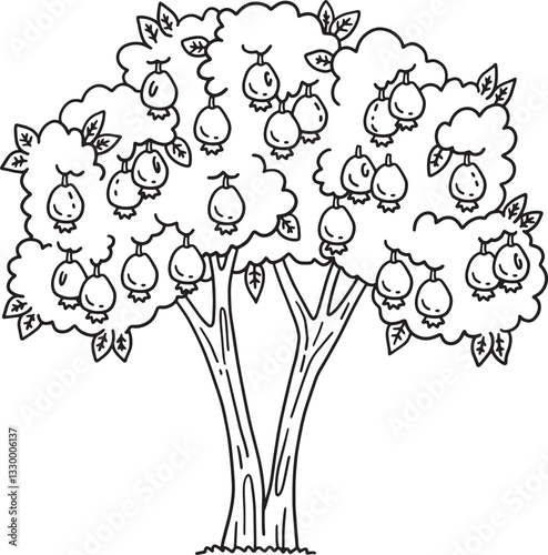 Guava Tree Fruit Plant Isolated Coloring Page 