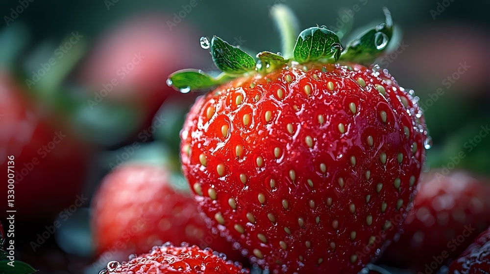 Fresh ripe strawberry with water drops and morning dew on dark background, macro shot showing texture and natural juicy details in soft light. Fresh ripe strawberry with water drops and morning dew on dark background, macro shot showing texture and natural juicy details in soft light.