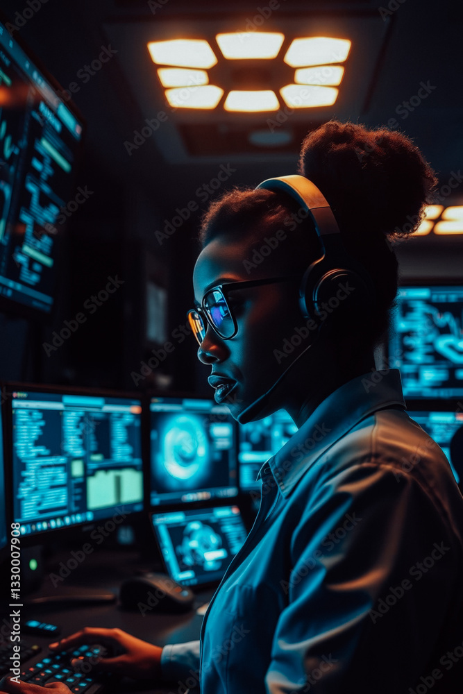 Obraz premium Female data analyst in control room
