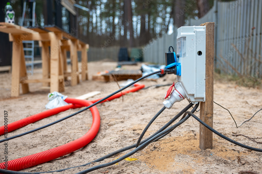 Fototapeta premium Construction site featuring a temporary electrical box on a wooden post with cables and a red ventilation hose, surrounded by a metal fence and pine trees.