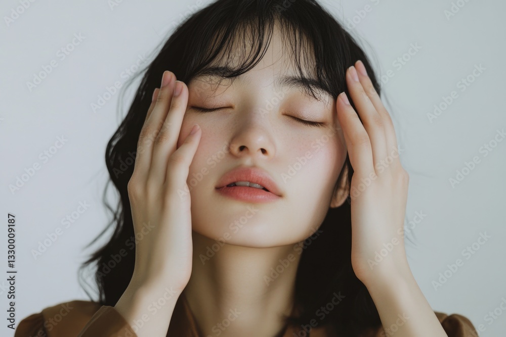 A Japanese woman with closed eyes and hands on her face, against a white background A Japanese woman with closed eyes and hands on her face, against a white background