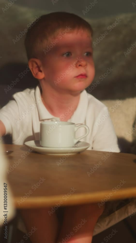 Little child sits at coffee table with tea cups and saucers. Tranquil boy rests drinking beverage with sister at home. Adorable kid leans to podium in room Little child sits at coffee table with tea cups and saucers. Tranquil boy rests drinking beverage with sister at home. Adorable kid leans to podium in room