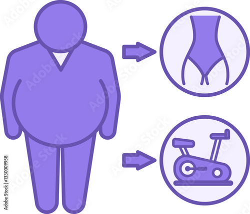 Colored Motivation Icon. Vector Illustration. Overweight Man Dreams Of Having Slim Body. Exercise Bike For Workout, Fitness. Healthy Lifestyle. Weight Loss Concept