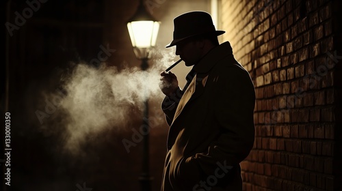 Retro noir-style gangster movie scene with a mysterious smoking detective in a classic hat and suit, dramatic old-fashioned atmosphere and vintage cinematic feel