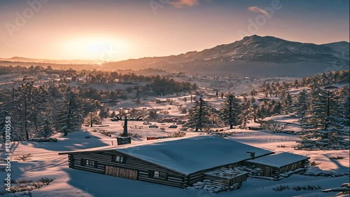 Winter Cabin Sunset Snowy Mountains Landscape Peaceful Nature Scenery