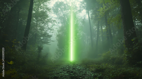 Ethereal green beam in foggy forest. Resonant Beams. Illustration
