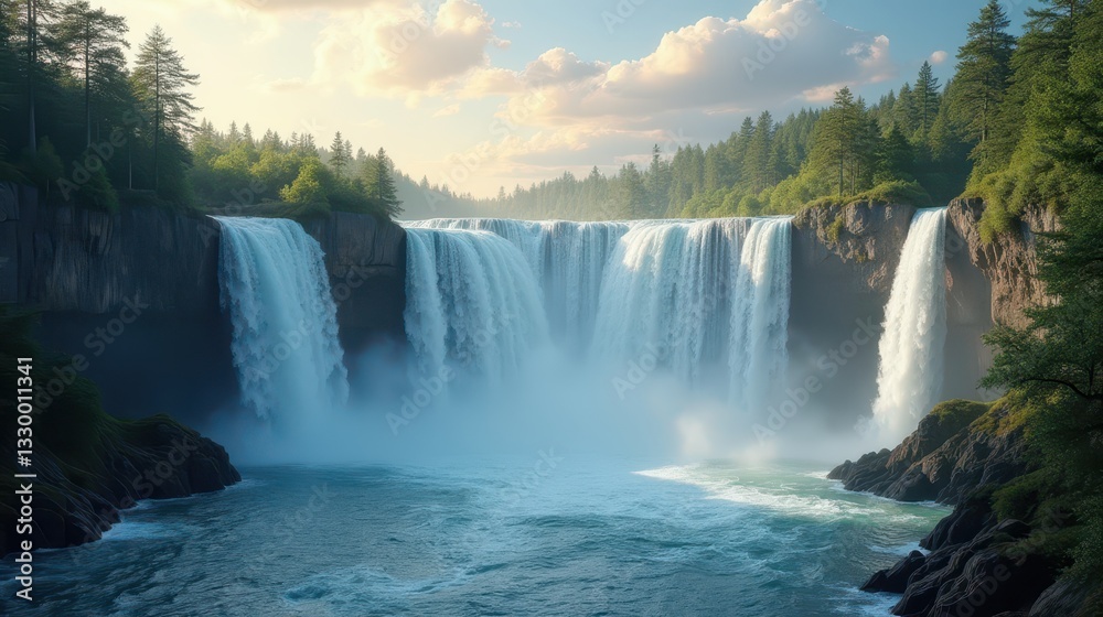 Majestic Waterfall Cascading Over Rocky Cliffs in a Serene Forest Majestic Waterfall Cascading Over Rocky Cliffs in a Serene Forest