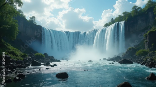 Majestic Waterfall Cascading Over Rocky Cliffs in a Serene Forest