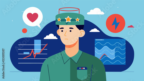 A veteran with PTSD using biofeedback to learn how to regulate their physiological responses to triggers and decrease overall anxiety.. Vector illustration