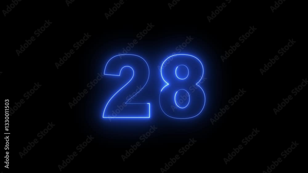 Abstract neon countdown 28 number 4k animation. Neon number 28 with alpha channel, Energy  blue  neon 28 number animation.