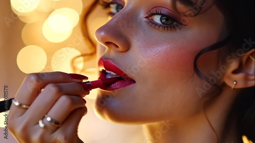 Woman Applying Red Lipstick Beauty Makeup Cosmetics Fashion