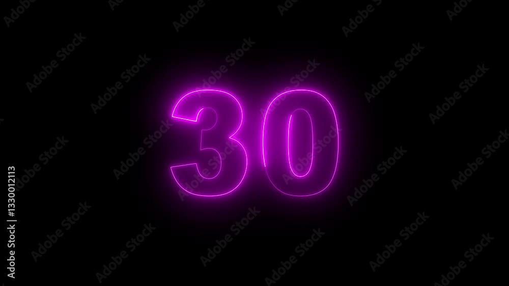 Abstract neon countdown 30 number 4k animation. Neon number 30 with alpha channel, Energy purple neon 30 number animation. Abstract neon countdown 30 number 4k animation. Neon number 30 with alpha channel, Energy purple neon 30 number animation.