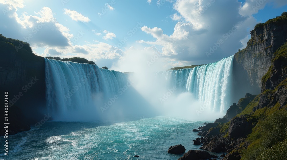 Fototapeta premium Majestic Waterfall Cascading Over Rocky Cliffs in a Serene Forest