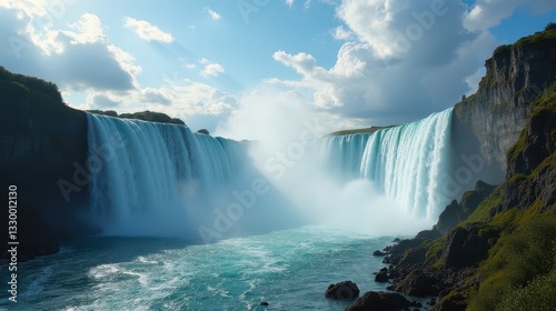 Majestic Waterfall Cascading Over Rocky Cliffs in a Serene Forest