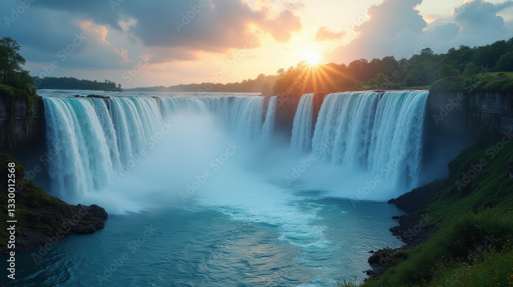 Fototapeta premium Majestic Waterfall Cascading Over Rocky Cliffs in a Serene Forest