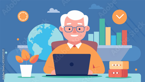 A retired accountant works remotely as a financial advisor for a remoteonly financial services firm offering his expertise to clients all over the world.. Vector illustration