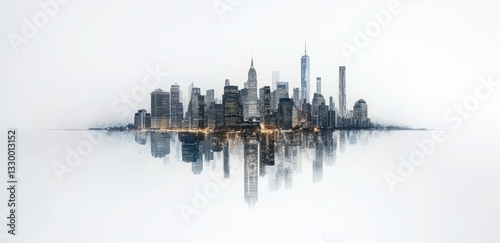 A panoramic view of Manhattan's skyline illuminated at dusk, featuring an urban cityscape with tall buildings and waterfront, set against a white background to represent New York City