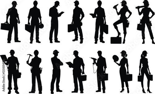 Professional Silhouette Construction Workers Diverse Ready for Action.