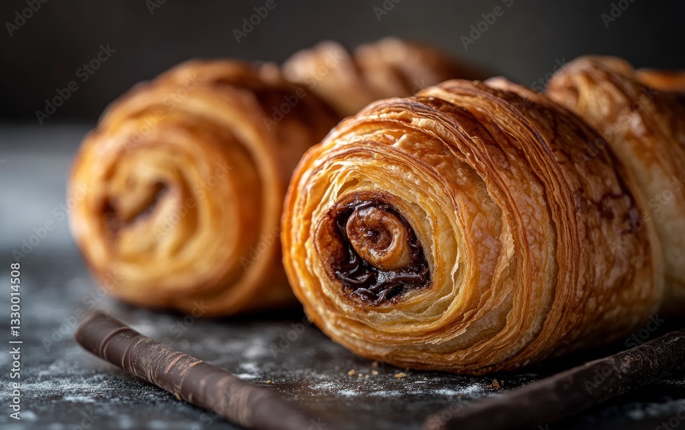 Fototapeta premium Close-up of Chocolate Croissant Pastries with Flaky Layers and Dark Chocolate