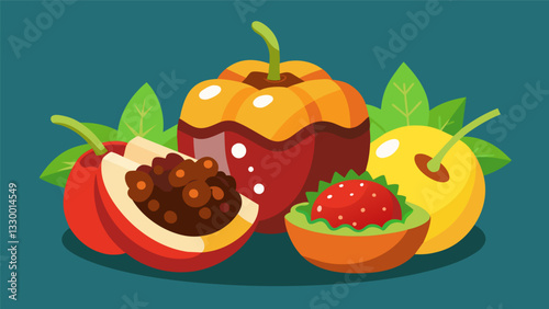 The perfect blend of sweet and savory in each bite as the peppers are filled with a mix of ed meat and sweet fruits.. Vector illustration