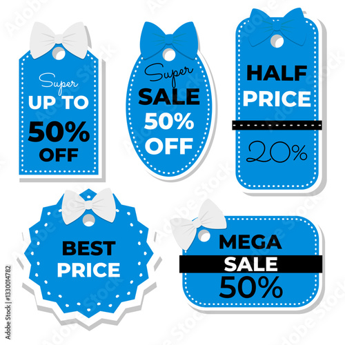 Set of sale tags and stickers, label template, blue color, 20, 50, %. Discounts and price tags on paper, blank, promotion. Vector illustration in flat style, coupon element template for graphic design