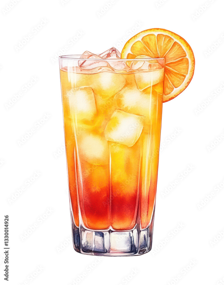 PNG Tequila Sunrise cocktail in highball glass with ice cubes, orange slice, and garnish. Watercolor illustration of layered drink with grenadine, orange juice, and tequila. Mixology and tropical PNG Tequila Sunrise cocktail in highball glass with ice cubes, orange slice, and garnish. Watercolor illustration of layered drink with grenadine, orange juice, and tequila. Mixology and tropical