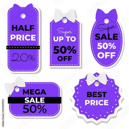 Set of sale tags and stickers, label template, color purple, 20, 50, %. Discounts and price tags on paper, blank, promotion. Vector illustration in flat style, coupon element template for graphic desi