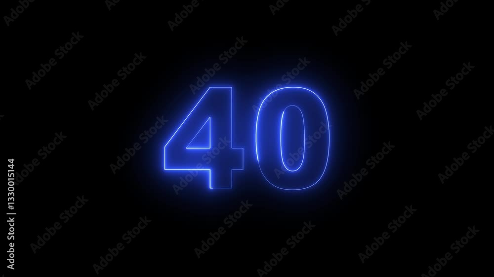 Abstract neon countdown 40 number 4k animation. Neon number 40 with alpha channel, Energy blue  neon 40 number animation .