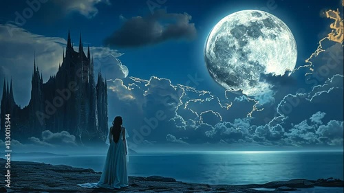 Woman in White Dress Gazing at Castle under Full Moon Romantic Fantasy Art