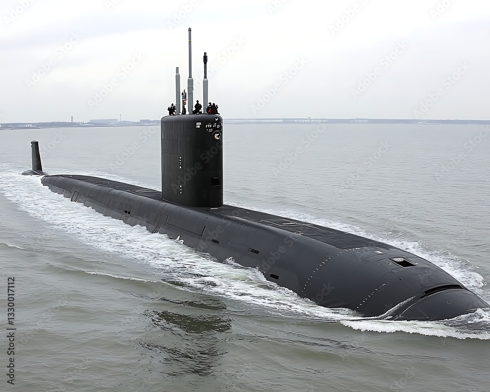 Fototapeta premium Submarine sails on water surface, ocean landscape