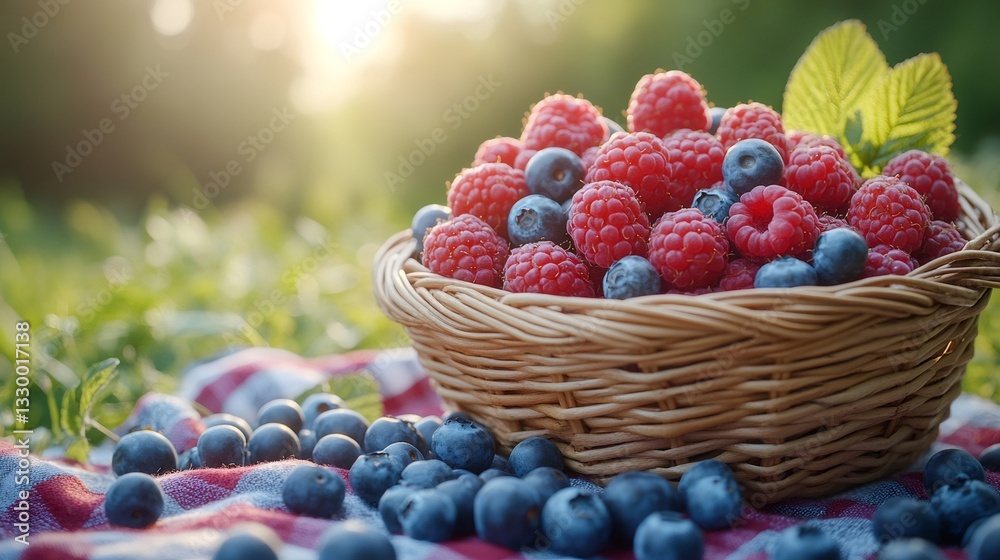 custom made wallpaper toronto digitalWicker basket overflowing with fresh raspberries and blueberries at sunset picnic