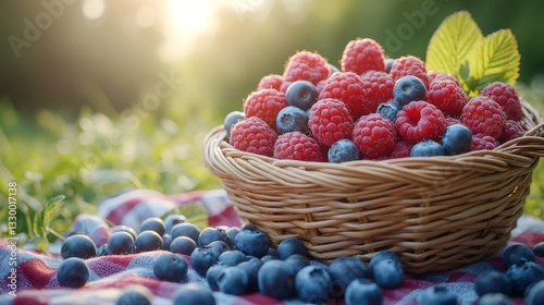 Wallpaper Mural Wicker basket overflowing with fresh raspberries and blueberries at sunset picnic Torontodigital.ca